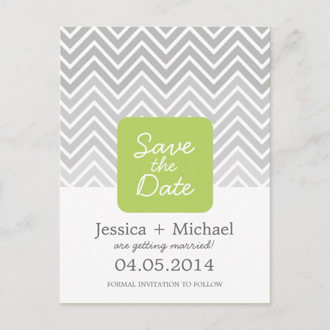 Postal De Anuncios Boda Verde Gris Ombre Chevron Ahorra La Fecha (Anverso)
