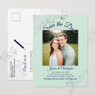 Postal De Anuncios Boda Verde Menta y Azul Marino Foto de Save the Da
