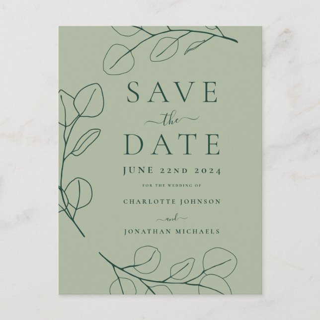 Postal De Anuncios Boda Verde Moderna con Follaje Simple (Anverso)