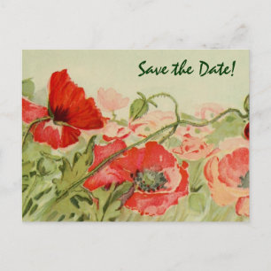 Postal De Anuncios Boda Vintage, Flores Amapolas Rojas Guardar la Fec