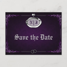 Postal De Anuncios Boda Vintage Gótica Morado Plateado Guardar la Fec
