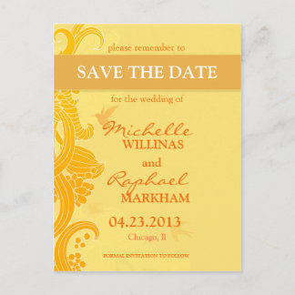 Postal De Anuncios Bodas de pájaros de amarillo limón Save the Date