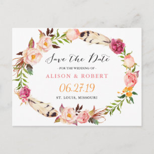 Postal De Anuncios Bohemian Feather Boho Floral Wreath Save the Date