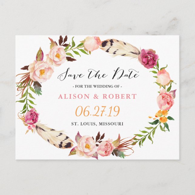 Postal De Anuncios Bohemian Feather Boho Floral Wreath Save the Date (Anverso)