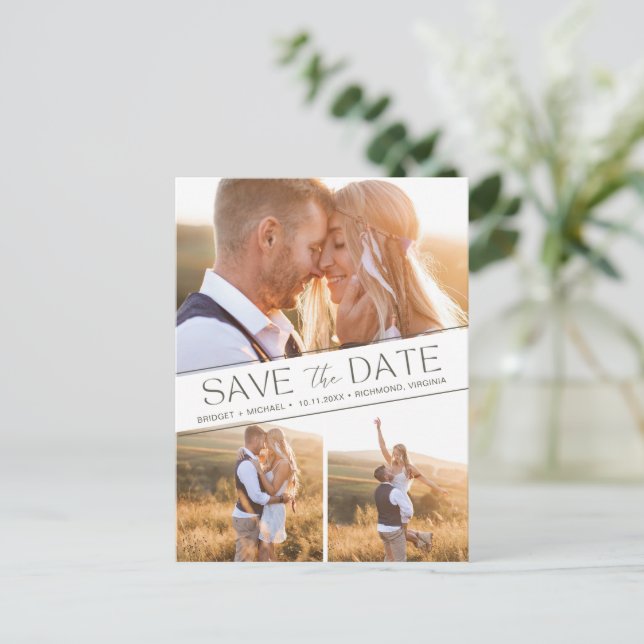 Postal De Anuncios Boho 3 Foto Collage Boda Guardar la Fecha (Anverso de pie)