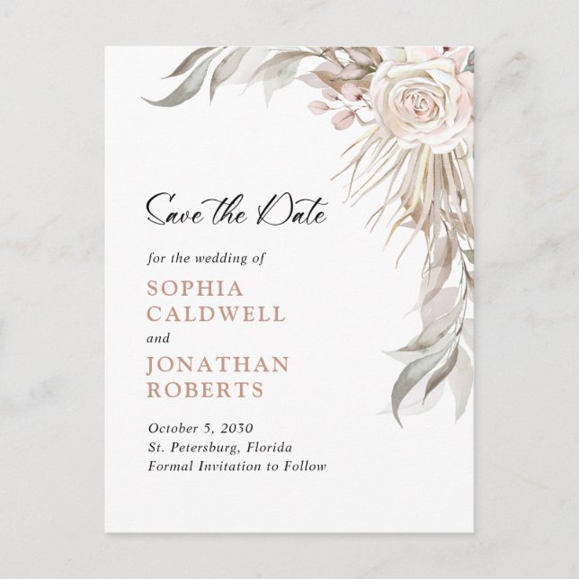 Postal De Anuncios Boho Blush Rosa Rosada Elegante Follaje Salva la F (Anverso)