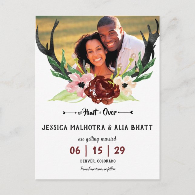 Postal De Anuncios Boho Borgoña Caza Floral Terminó Guarda La Fecha (Anverso)