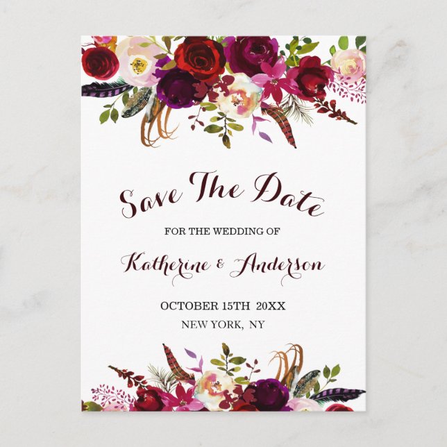 Postal De Anuncios Boho Burgundy Marsala Floral Boda Save the Date (Anverso)