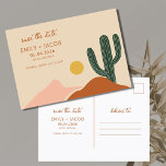 Postal De Anuncios Boho Desert Budget Wedding Save the Date<br><div class="desc">Perfecto para la pareja que está planeando su celebración del boda del desierto del Boho. Esta boda económica ahorra la postal de fecha presenta una escena desértica con cactus en un diseño colorido impreso con los detalles de su boda.</div>