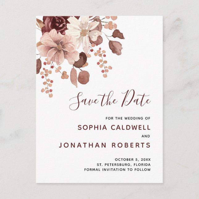 Postal De Anuncios Boho Dusty Rosa Eucalyptus Floral Save the Date (Anverso)
