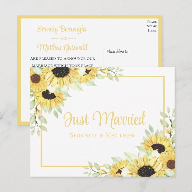 Postal De Anuncios Boho Floral Amarillo Girasoles Recién Casados Boda (Anverso / Reverso)