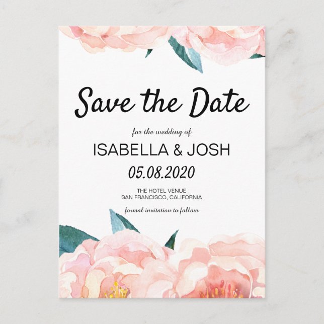 Postal De Anuncios Boho Floral Rosa Peonía Guardar la Fecha (Anverso)