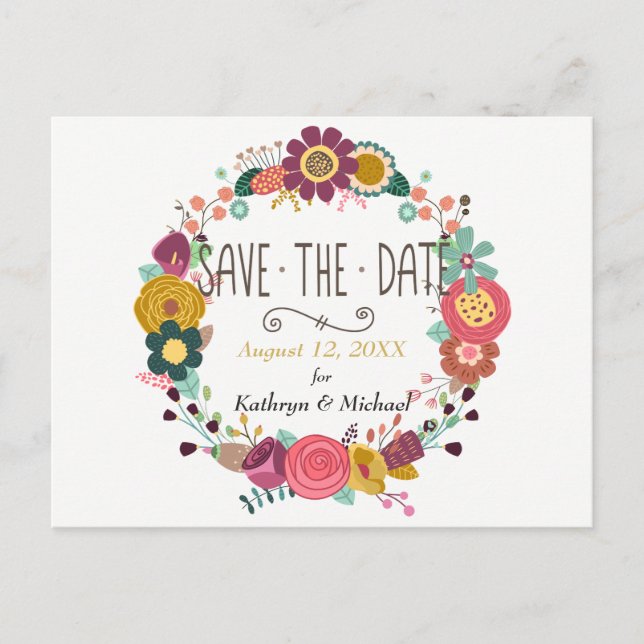 Postal De Anuncios Boho Floral Wreath Wedding Save the Date (Anverso)