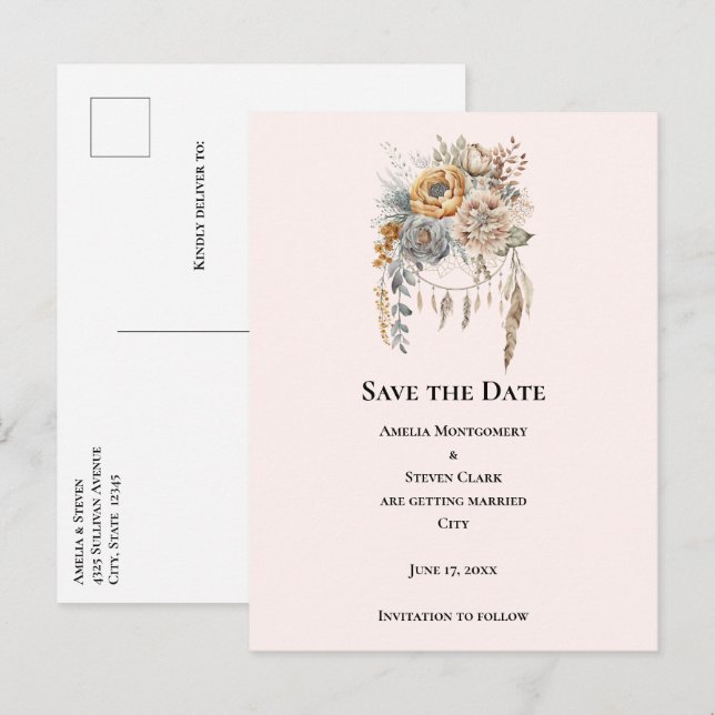 Postal De Anuncios Boho Flores con un Dreamcatcher Salva la fecha (Anverso / Reverso)