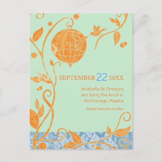 Postal De Anuncios Boho Love Birds Mint Wedding Save the Date (Anverso)