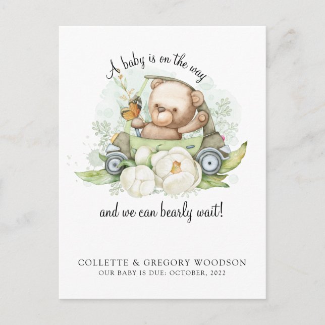 Postal De Anuncios Boho Oso Marrón Verde Salvia Apenas Esperamos  (Anverso)