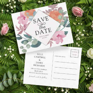 Postal De Anuncios Boho Pink & Green Ahorra la Fecha Acuarela Floral