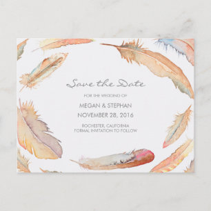 Postal De Anuncios Boho Plumas Acuarela Save the Date