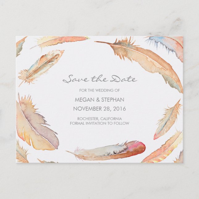 Postal De Anuncios Boho Plumas Acuarela Save the Date (Anverso)