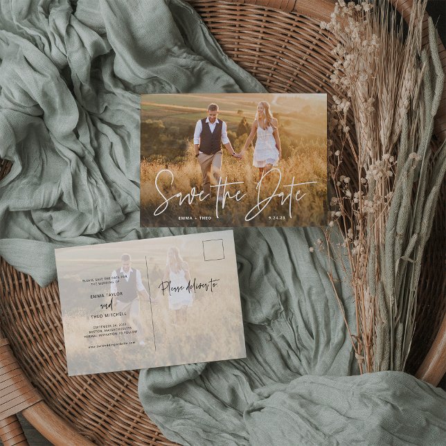 Postal De Anuncios Boho simple | Elegante Script Photo Save the Date (Subido por el creador)