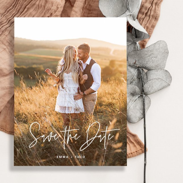 Postal De Anuncios Boho simple | Elegante Script Photo Save the Date (Subido por el creador)