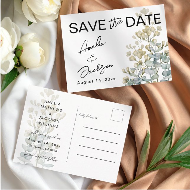 Postal De Anuncios Boho Verde y beige Botánico Guardar la Fecha (Subido por el creador)