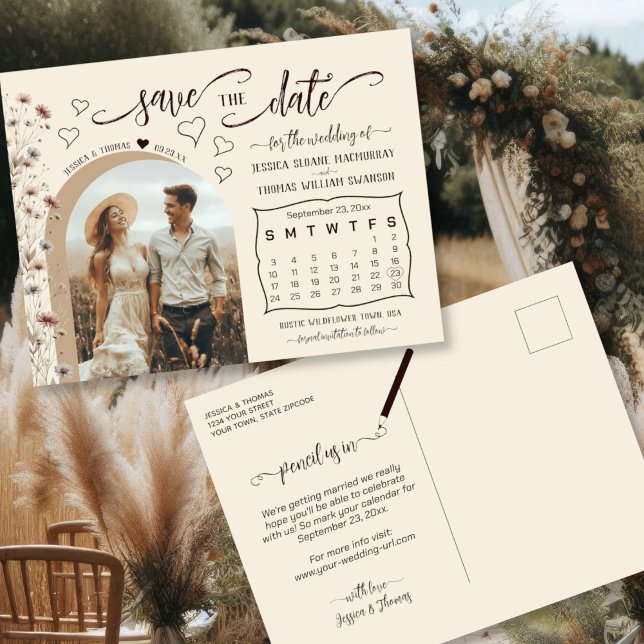 Postal De Anuncios Boho Wildflowers Calendar & Photo Save the Date (Front/Back)