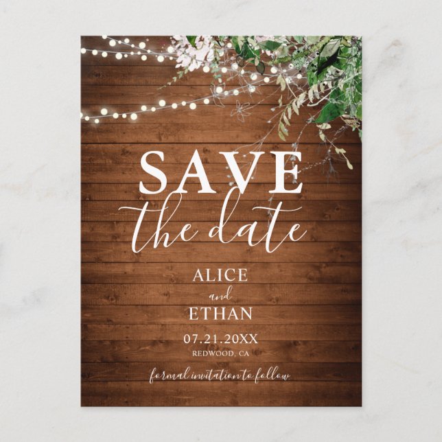 Postal De Anuncios Boho Wood Greenery Script Wedding Save The Date (Anverso)