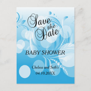 Postal De Anuncios Bokeh Azul Bebé Florido   Baby Shower para Niño