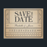 Postal De Anuncios Boleto Vintage II -- Salva la fecha perforada<br><div class="desc">Crea una tarjeta postal de 'Save the date' donde perforas tu día especial.  Esto se combina perfectamente con las invitaciones de boda Boleto Vintage II</div>