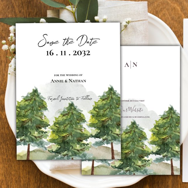 Postal De Anuncios Bonito Árboles acuarela Monograma Boda (Pretty Watercolor Trees Landscape Monogram Wedding Save the Date Announcement Postcard)