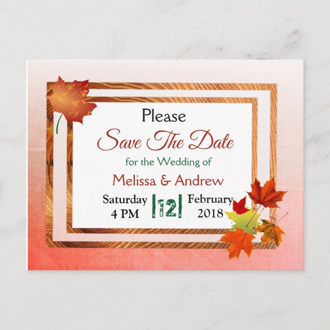 Postal De Anuncios Bonito otoño deja la boda Guardar la fecha (Anverso)