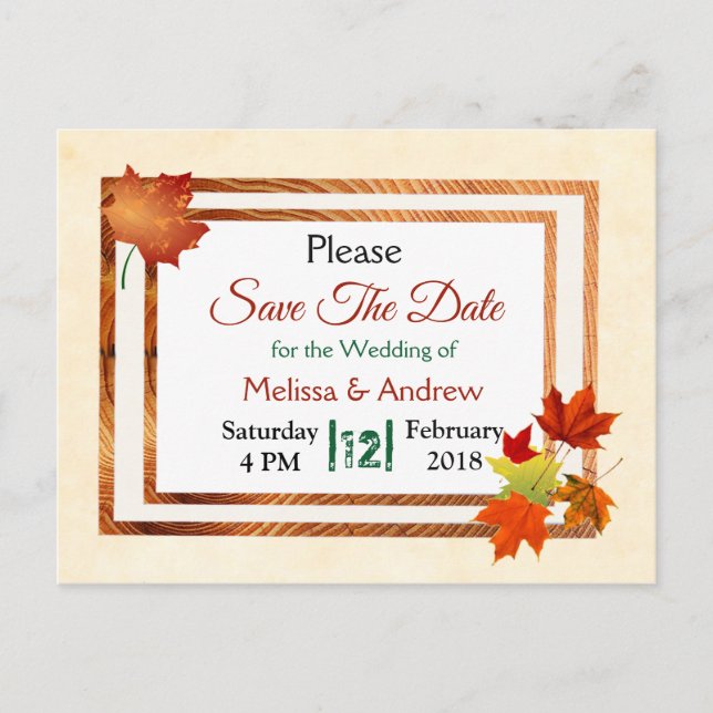 Postal De Anuncios Bonito otoño deja la boda Guardar la fecha (Anverso)