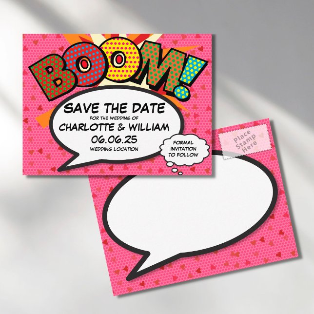 Postal De Anuncios BOOM de arte pop de cómic para guardar la fecha (Subido por el creador)