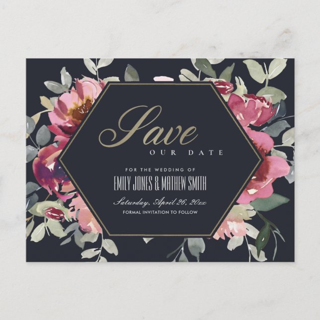 POSTAL DE ANUNCIOS BORDEAUX ROSA FLORAL AHORRE LA FECHA NEGRO (Anverso)