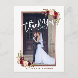 Postal De Anuncios Borgona Floral Chic Foto Agradecimiento de Boda
