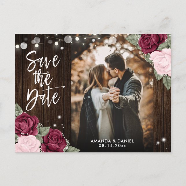 Postal De Anuncios Borgoña Foto Boda Rosa De Rubor Salva La Fecha (Anverso)