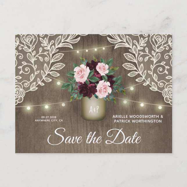 Postal De Anuncios Borgoña Rubor Pink Gold Wedding Save the Date (Anverso)