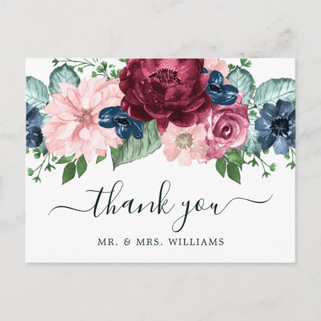 Postal De Anuncios Borgona y Floral Acuarela Melocotón (Anverso)