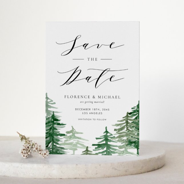 Postal De Anuncios Bosque Acuarela Bosque Salva la Fecha (Customizable woodland save the date announcement postcard featuring watercolor forest scenery)