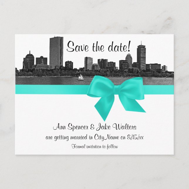 Postal De Anuncios Boston Skyline Etched BW Aqua Save the Date (Anverso)