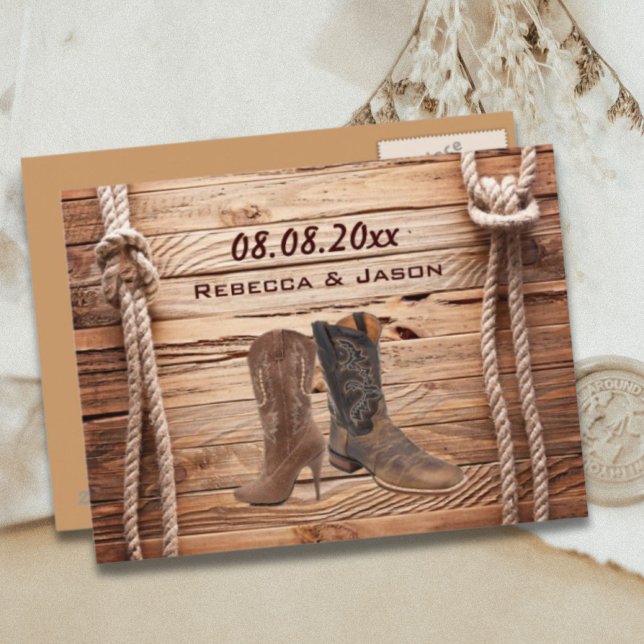 Postal De Anuncios Botas de vaquero de madera ahorrar la fecha al est (wood Cowboy Boots Western country save the date Announcement Postcard)