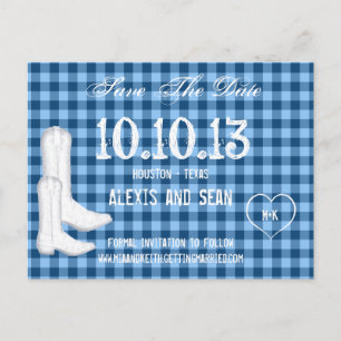 Postal De Anuncios Botas Vaqueras Cuadro Azul Gingham Save The Date