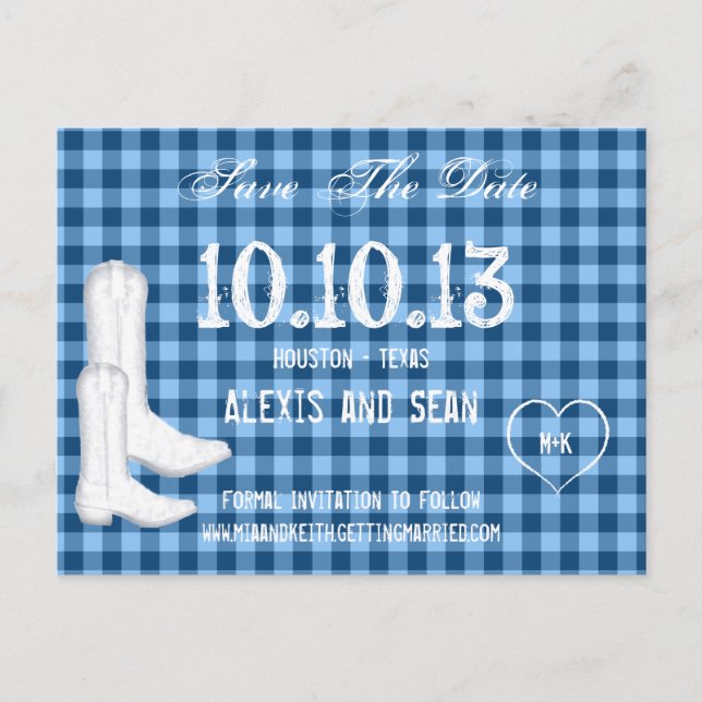 Postal De Anuncios Botas Vaqueras Cuadro Azul Gingham Save The Date (Anverso)