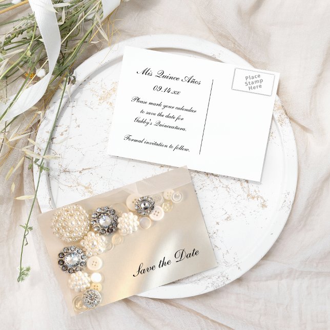 Postal De Anuncios Botones Pearl Diamond Quinceañera Guardar la fecha (Subido por el creador)