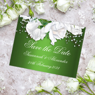 Postal De Anuncios Bouquet rosa blanca y Boda verde metálico