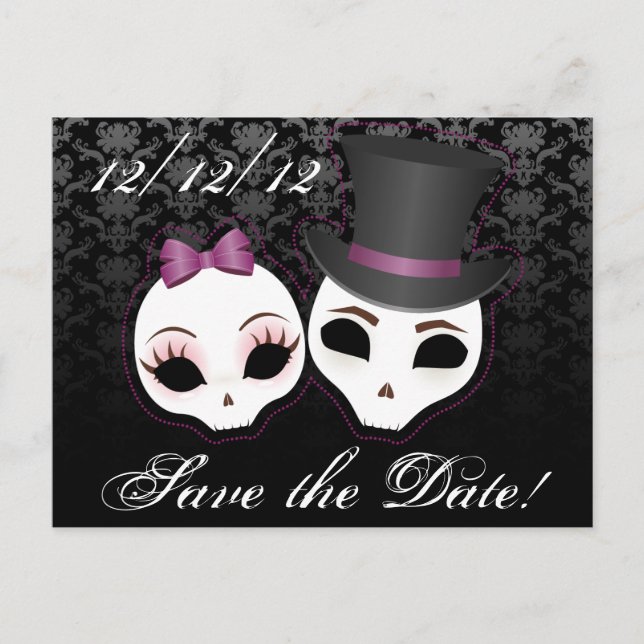 Postal De Anuncios Bride & Groom Skullies (Violeta) Guardar la Fecha (Anverso)