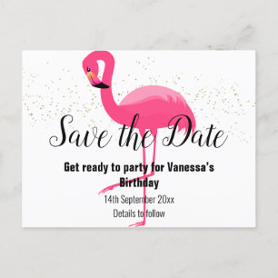 Postal De Anuncios BRIGHT PINK FLAMINGO Save the Date white