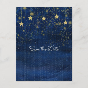 Postal De Anuncios Brillante azul y oro Starry Celestial Save the Dat