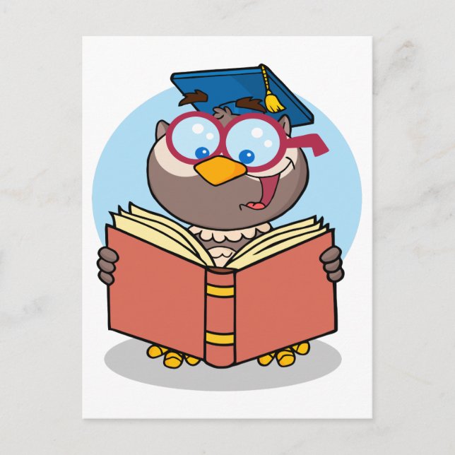 Postal De Anuncios búho graduado leyendo un libro caricatura (Anverso)